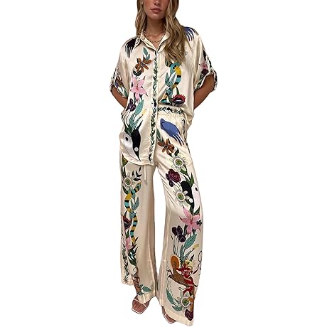 Womens Summer Print 2 Piece Linen Sets Boho Short Sleeve Button Shirt...