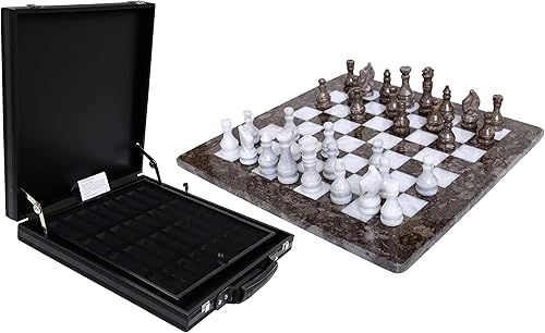 Miniatura 4 de Juego de ajedrez de mármol hecho a mano de 15 pulgadas con caja de regalo de piel sintética negra, tablero de ajedrez de piedra premium y piezas