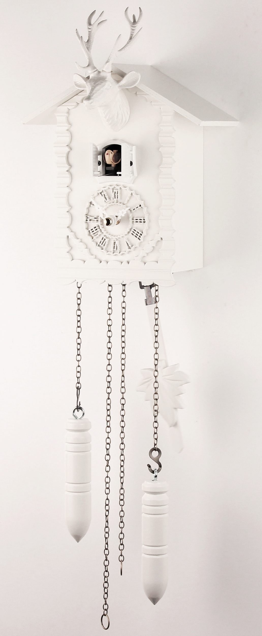 Kuckucksuhr Kuckuckuhr Echtholz NEU batteriebetriebenes Quartzwerk Kuckuckruf Hirschkopf weiß 26cm- 24380