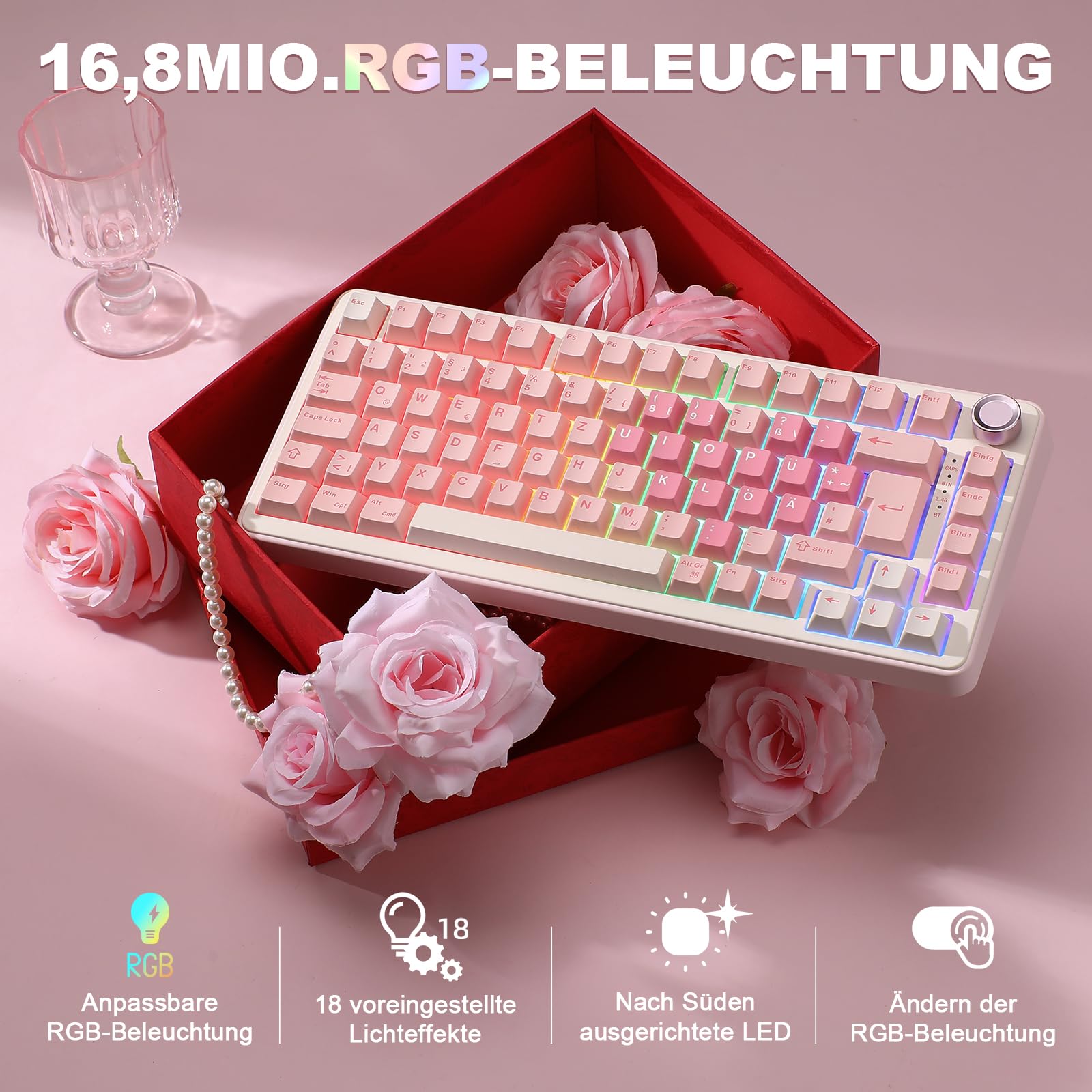 YUNZII B75 PRO ISO-DE Teclado mecánico para juegos, 75% disposición QWERTZ (DE) con botón giratorio, BT5.0/2.4GHz/USB-C, interruptor prelubricado, RGB para Win/Mac/PC (rosa, interruptor de leche)