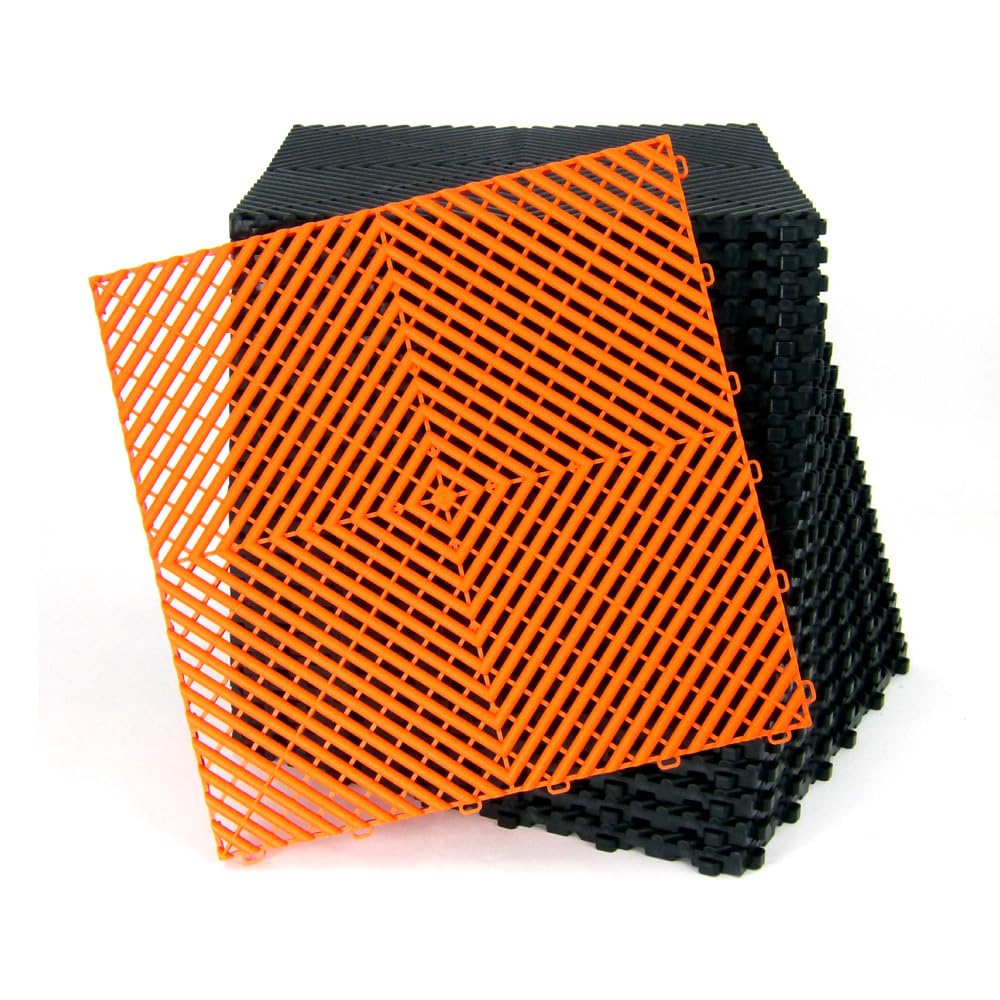 Lot de 25 dalles de sol clipsables - ORANGE - (4m²) pour garage, cellier, atelier, abris de jardin. Effet Damier 40x40cm, ép.1,8cm, Marque CLIC & dalle, série CLASSIC, Intérieur-Extérieur.