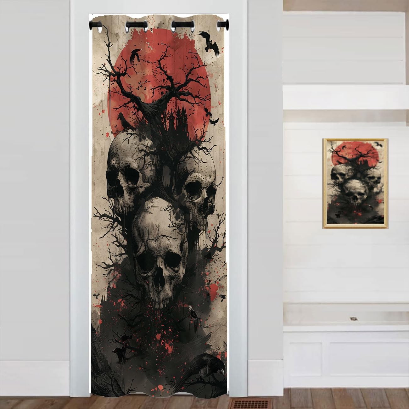 Mushroom Skeleton Doorway Curtain, Garden Flowers Psychedelic Decor Door Curtain for Kids Boys Girls Teens Bedroom Living Room Closet, 1 Panel 34" W X 80" L