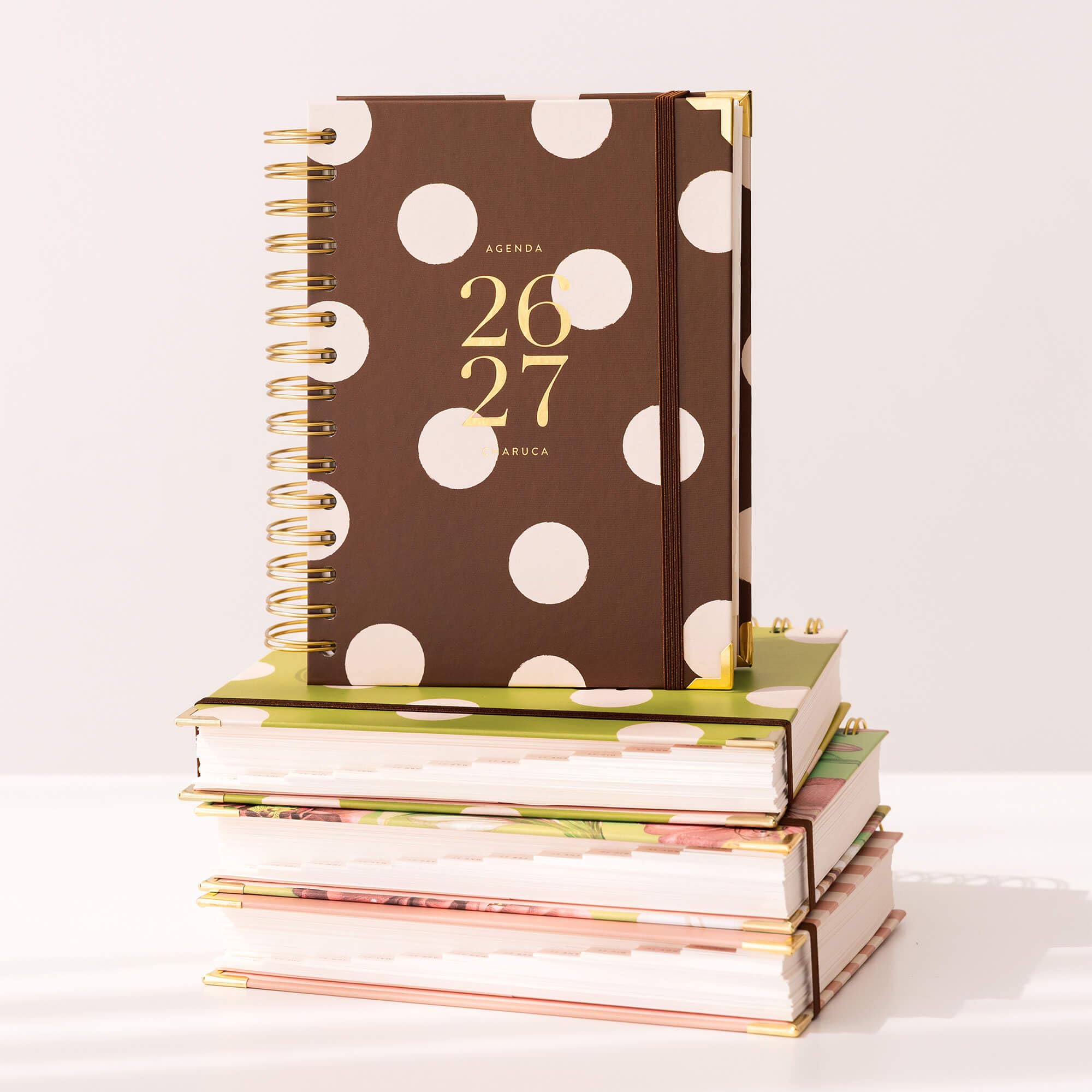 Agenda Charuca 26-27 Académica VISTA DIARIA - Tapa Dura con Detalles Dorados, Tamaño MEDIANA - Incluye BOLSA de Tela PROTECTORA y Marcapáginas - Hecho en España. (CHOCOLATE LOVE)