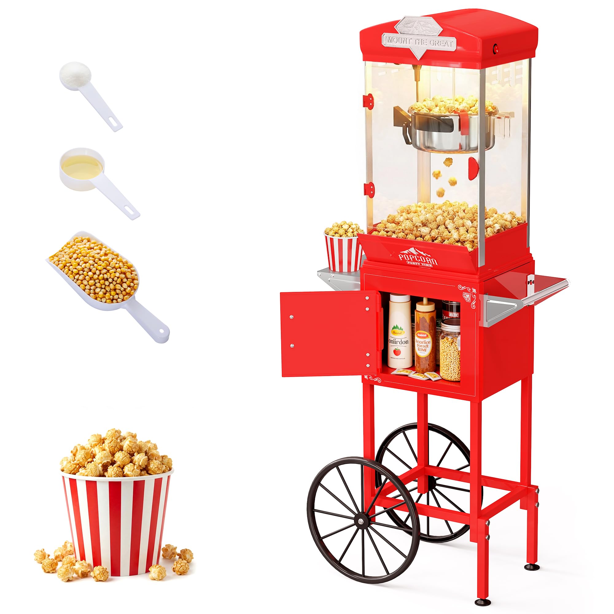 Popcorn Machine, 10 Oz Vintage Popcorn Machine Cart with Wheels, Professional Movie Theater Style Popcorn Popper Makes Up to 40 Cups, Popcorn Maker Machine for Home &amp; Commercial (Red)
