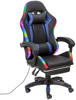 Baroni Home Silla Gaming Ergonómica con Cojín Lumbar, Luces LED Regulables y Reposapiés Extraíble, Silla de Oficina con Respaldo Inclinable y Altura Regulable, Azul, 68x66x125-133 cm