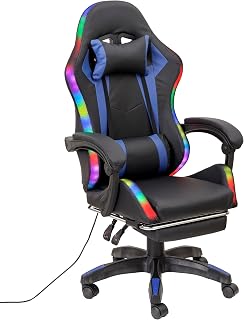 Baroni Home Silla Gaming Ergonómica con Cojín Lumbar, Luces LED Regulables y Reposapiés Extraíble, Silla de Oficina con Respaldo Inclinable y Altura Regulable, Azul, 68x66x125-133 cm
