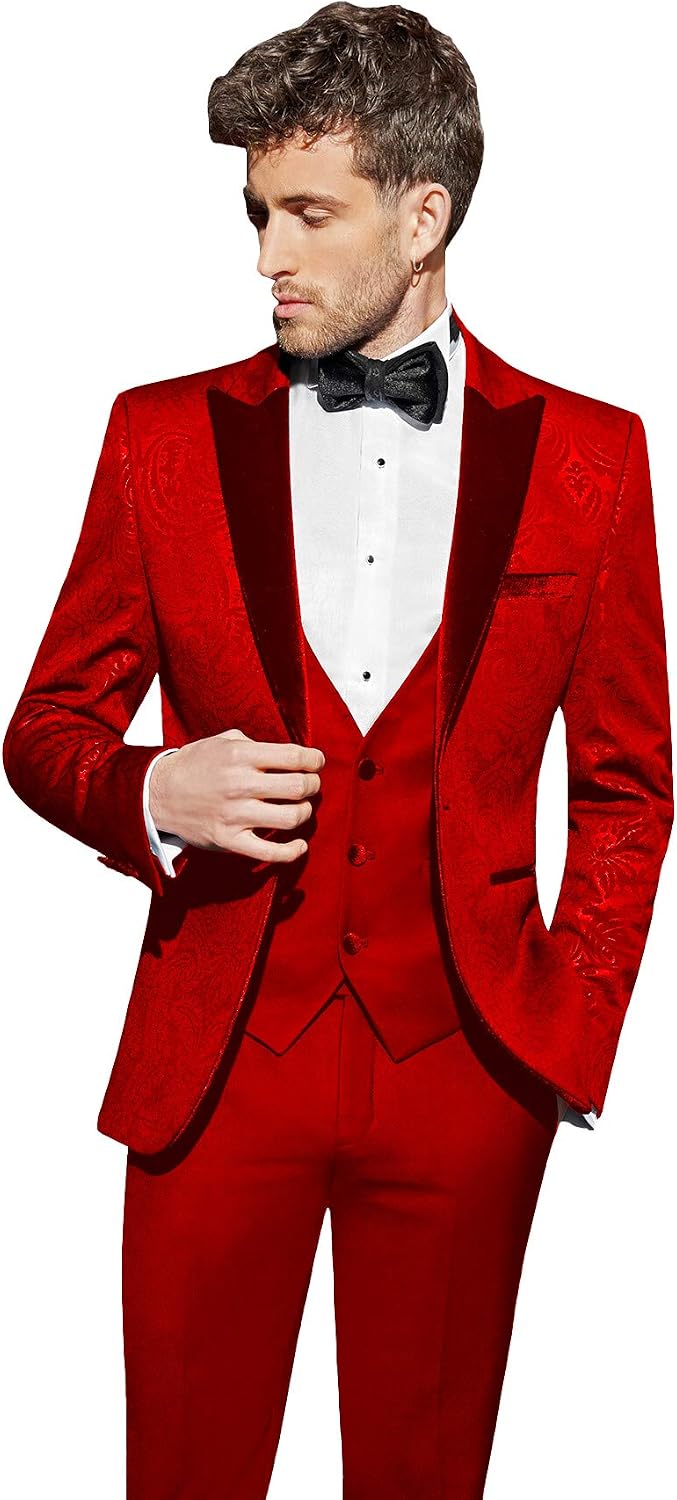 Sxfashbrd Men’s Jacquard Blazer Jacket 3 Piece Set Slim Fit Suit Jackets Daily Business Tuxedo Casual Groomsman Suits