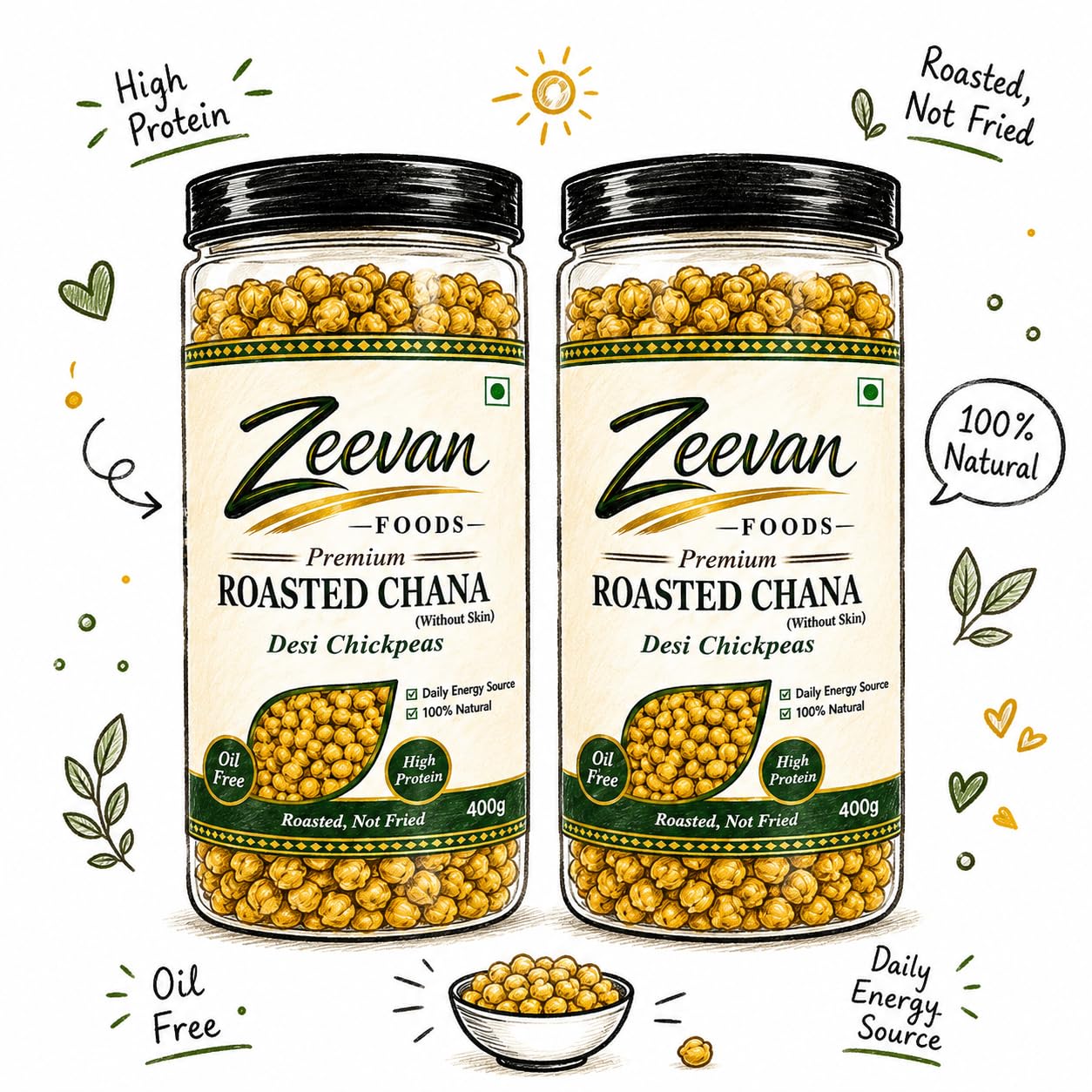 chanaページ Zeevan Foods Roasted Chana 800g Combo Pack (2 x 400g) | Premium