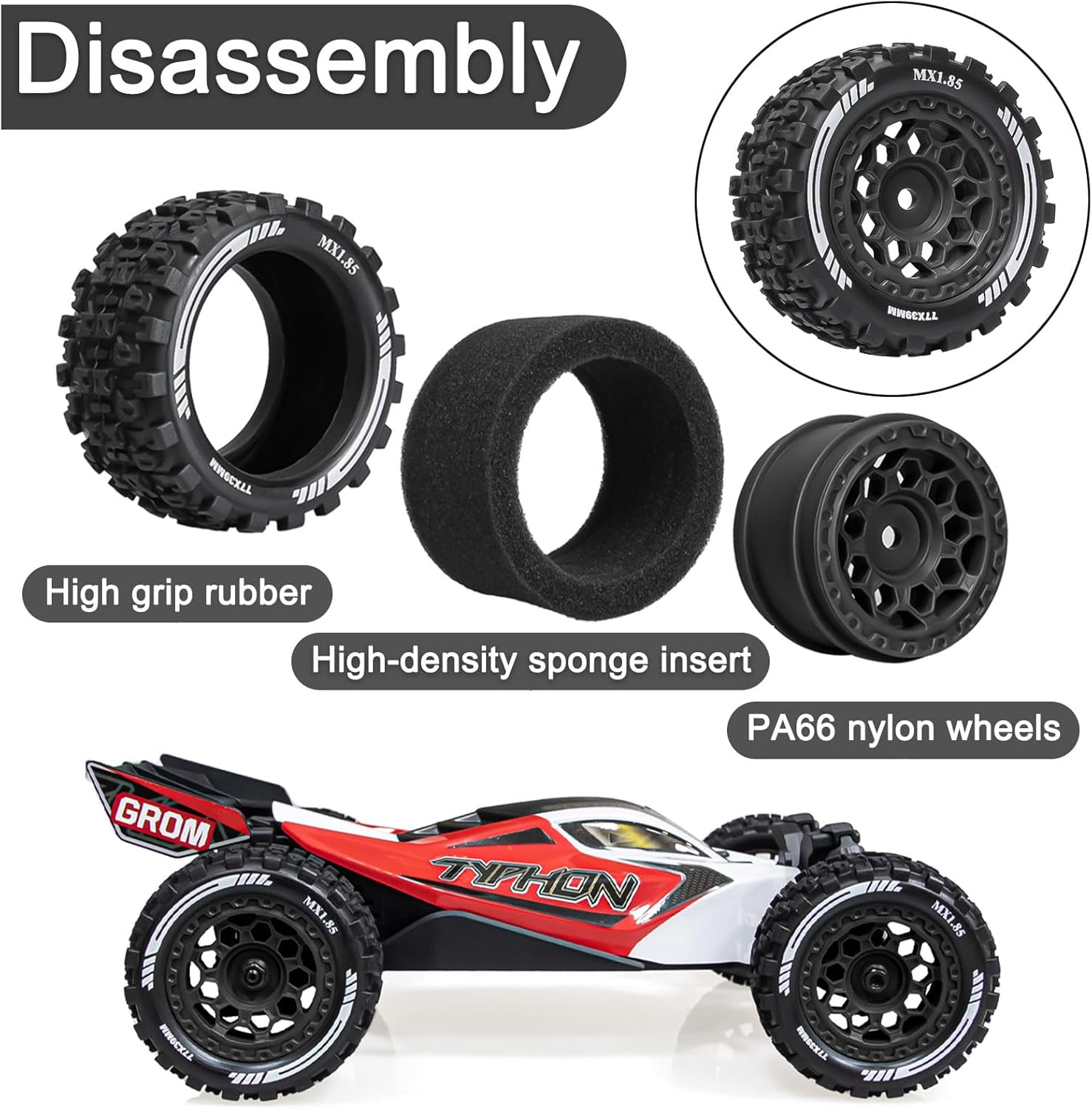4Pcs Monster Truck Tires Set Pre Glued 12mm Hex Wheels Rims and Rubber Tires for 1/14 1/18 Typhon Grom ARRMA Granite RC Truck Upgrade (Black B)