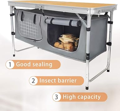 Folding Camping Table with Storage Lightweight Camp Tables Portable Indoor/Outdoor Collapsible Table Height Adjustable Camp Kitchen Perfect for Picnic, Beach, Travel, Tailgating, Backyards, BBQ, Party