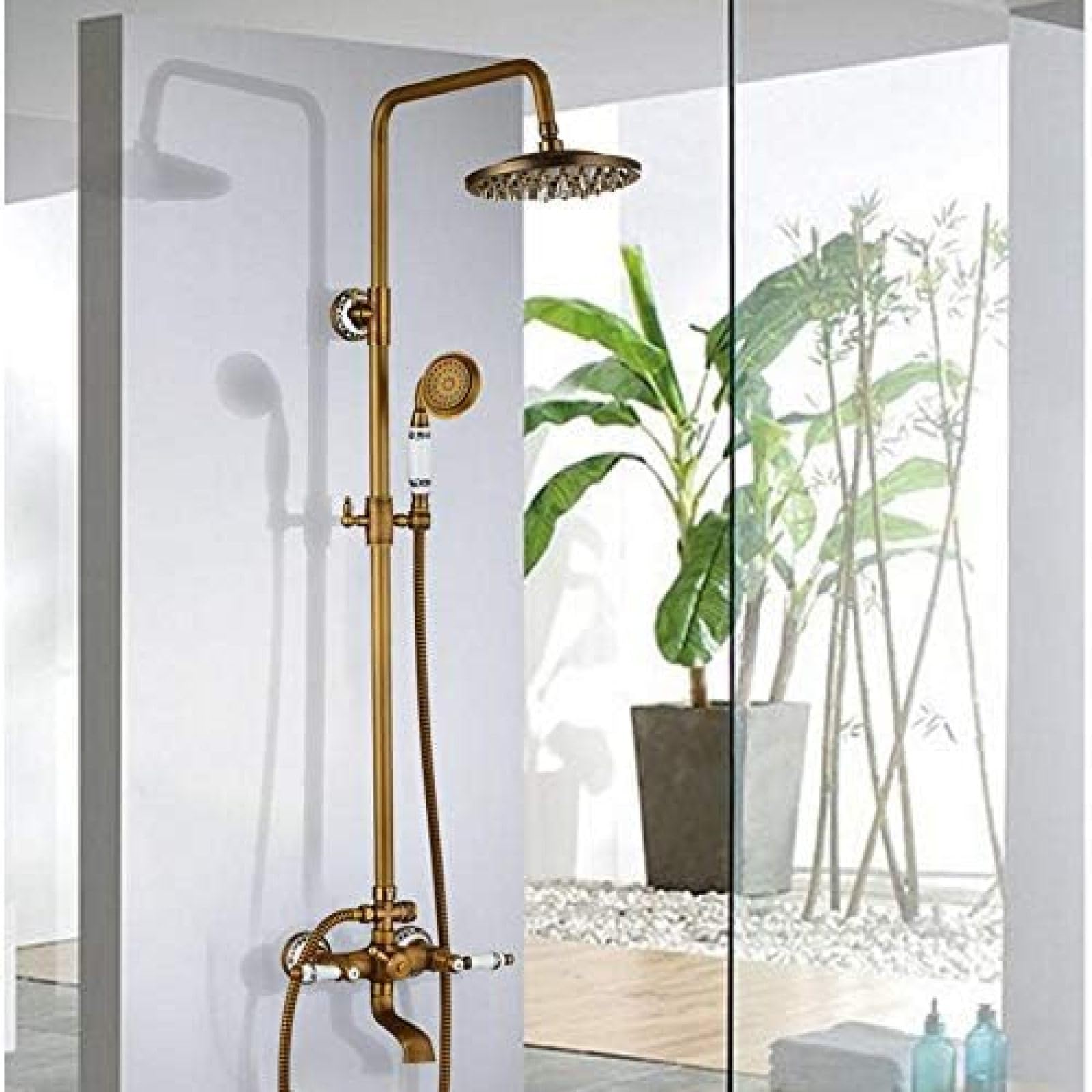 GLJTUO Shower Set Wall Mounted Antique Brass 8 Inch Round Rainfall Shower Head Wide Tub Spout Brass Hand Sprayer Mixer Tap