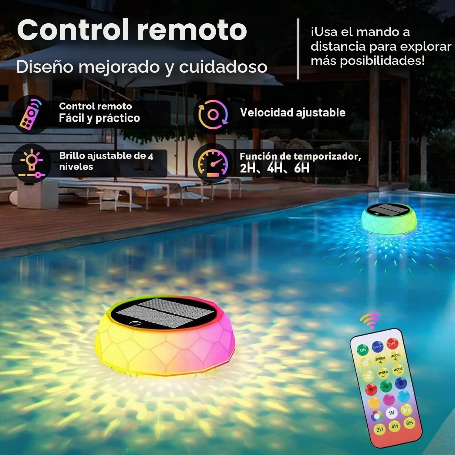 Joycome Luces Piscina IP68 Impermeables Luz Solar con Control Remoto, Luz Piscina RGB LED Luces Solar Flotantes Lampe para Jardín Acuario Estanque Bañera Decoración