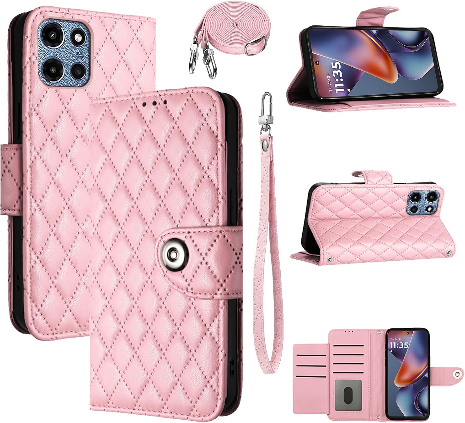 Wallet Case for Motorola Moto G 5G 2025 with Wrist Shoulder Strap, Argyle Pattern PU Leather Flip Card Holder Cell Phone Cover for G5G 5 G G5 Girls Women Pink