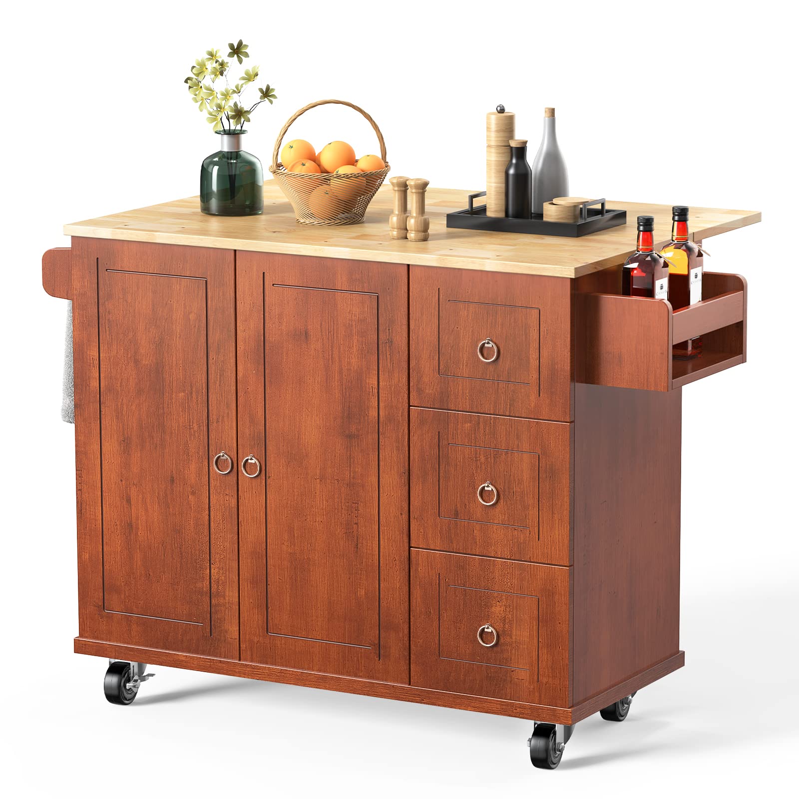 Qsun Rolling Kitchen Island with Wood Drop Leaf Tabletop, Kitchen