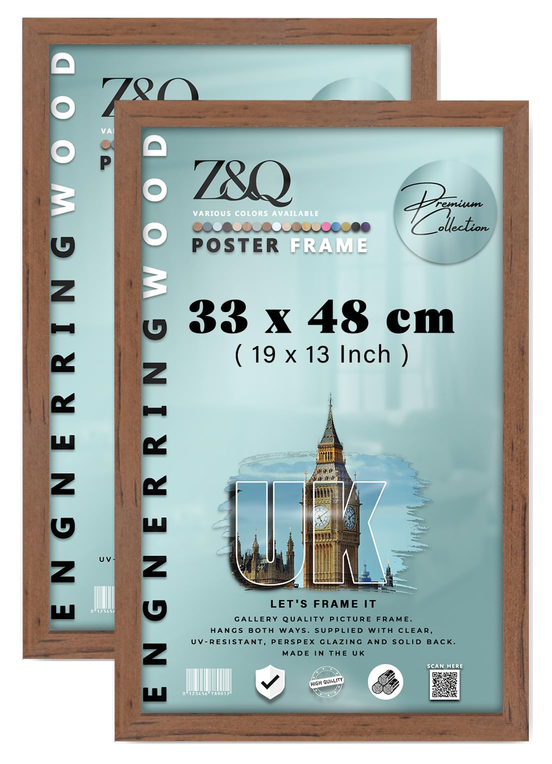Z&Q Pack of 2 Rectangle MDF Wood Finish (33 x 48 CM) Poster Frame | Durable Frame for Wall Décor 19 x 13 Inch Perfect for Room Interior [ Walnut ]
