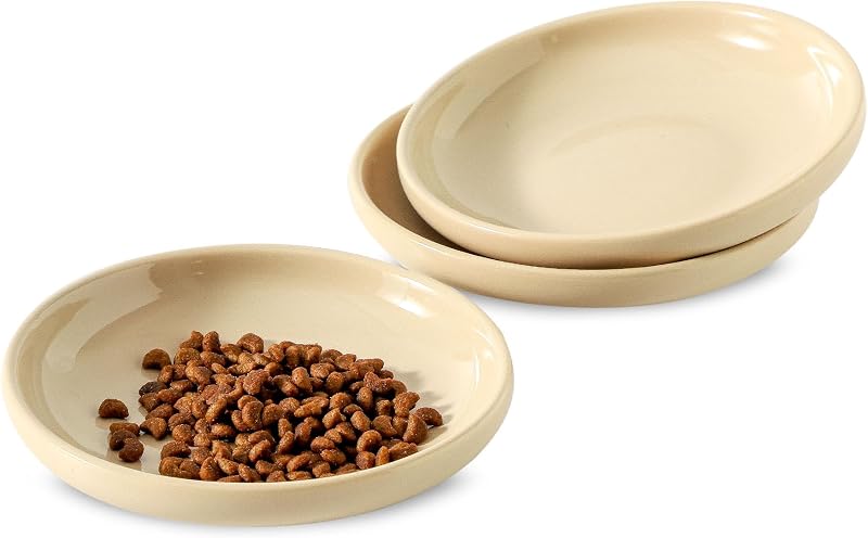 Potes de Cerâmica para Gatos Howise, Design Raso para Alimento e Água, Khaki, Pacote com 3