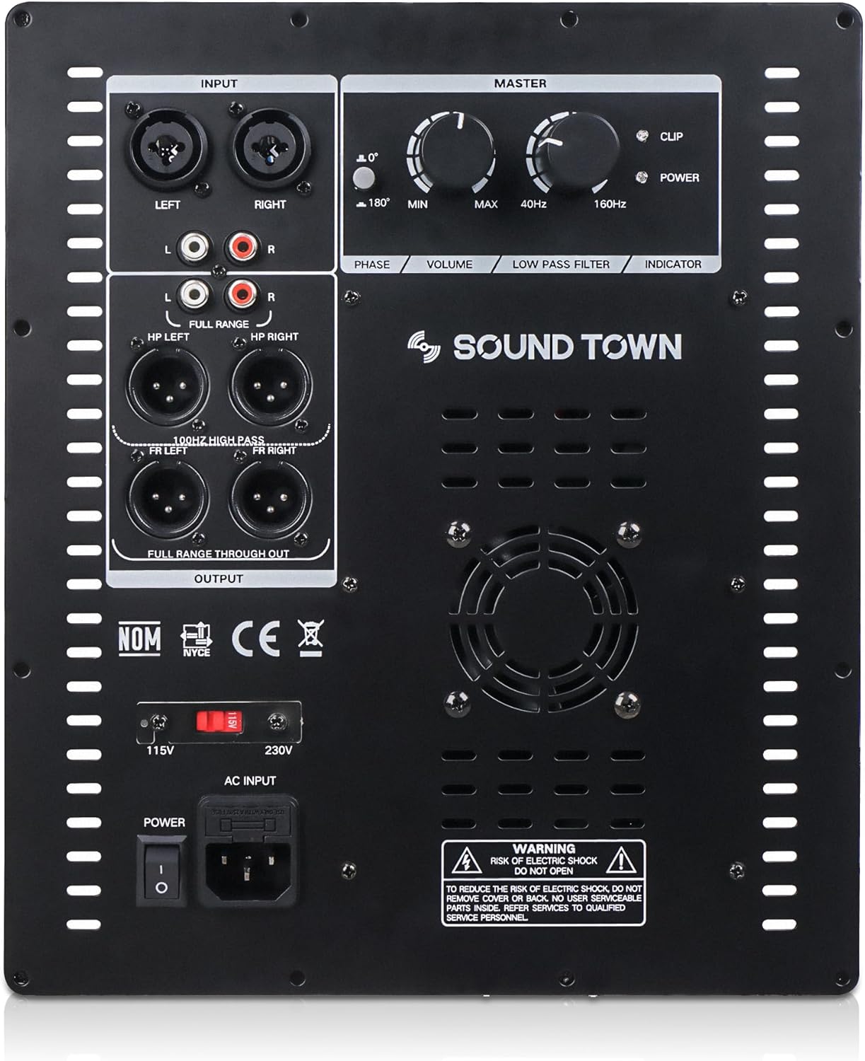 Close-up of Sound Town METIS-18PWG rear panel controls and connections