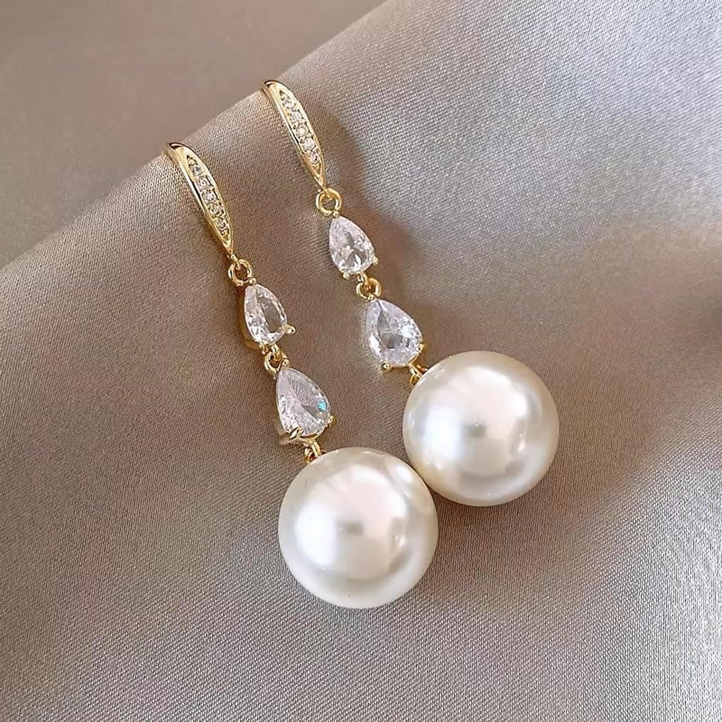 Long Pearl Earrings for Women Dainty 14K Gold Cubic Zirconia Pearl Drop Dangle Earrings Hypoallergenic Statement Earrings Wedding Bridal Jewelry Gifts - Image 3