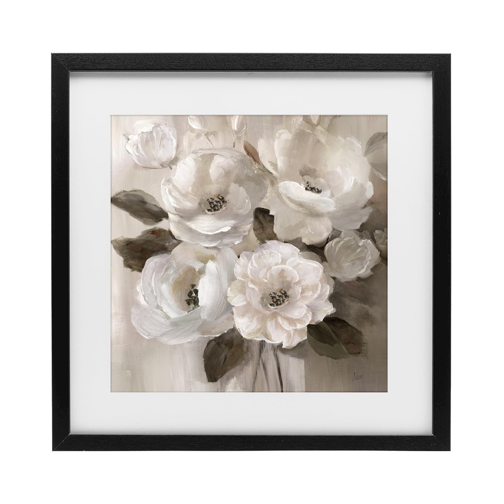 Stupell Industries 'Ivory Flower Bushel', Framed Print Under Glass, Black, 16 x 16 Inches, Easy to Hang and Sturdy, Made in USA, by Nan