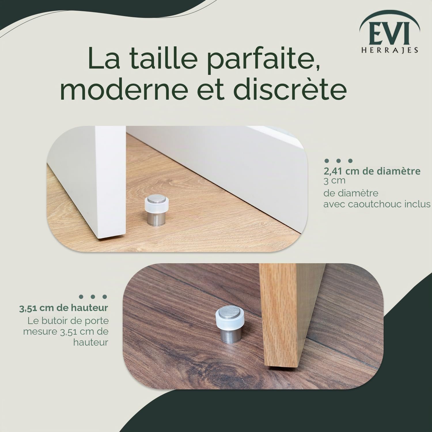 EVI Herrajes | Lot De 2 Butées De Porte Sol | Ø24X35mm | Acier inoxydable Finition Mate | Caoutchouc de silicone naturel |Base filetée - Comprend vis + cheville de fixation | Mod. I-181