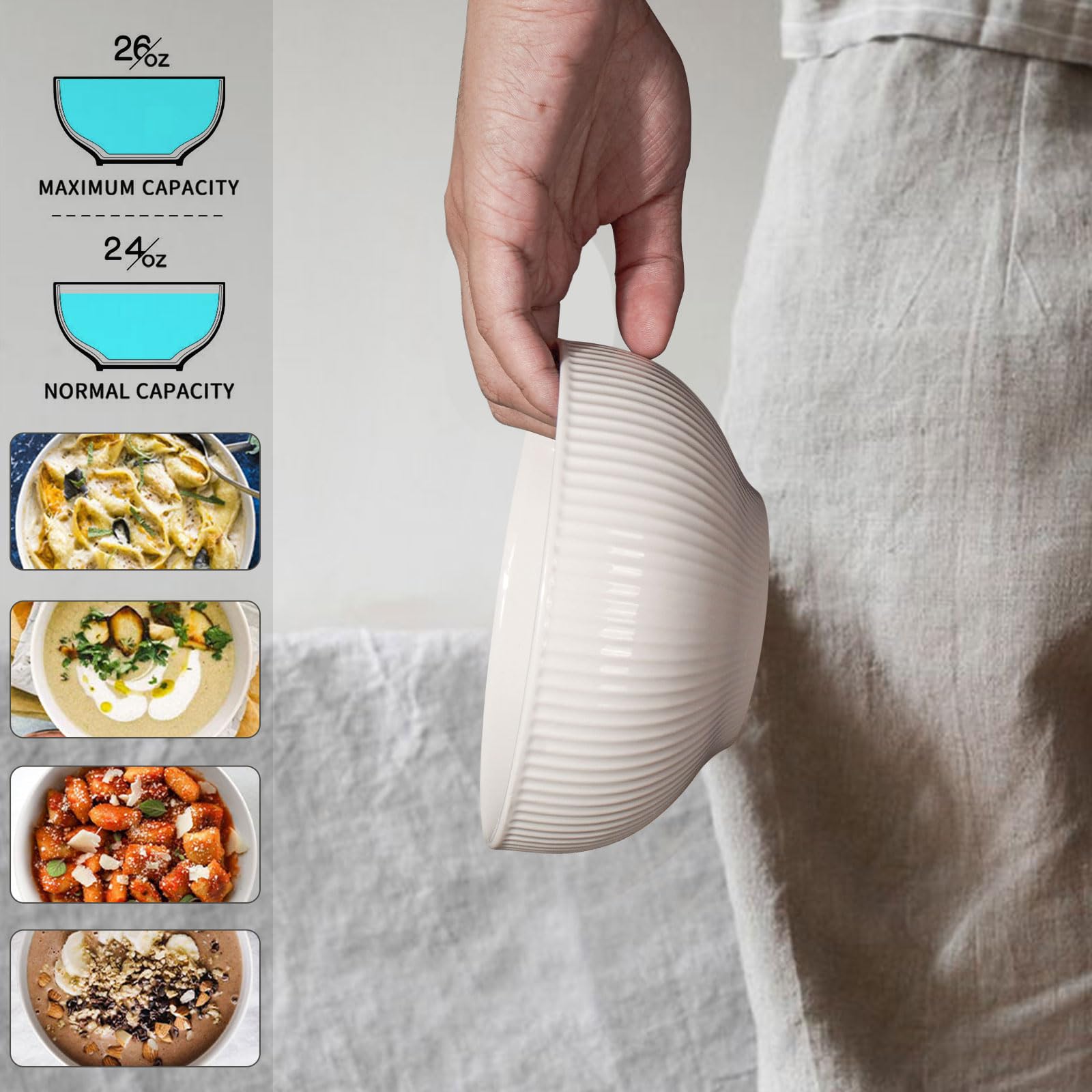 Artena Ceramiczne miski na musli, 740 ml, wytłaczane miski do zupy, zestaw 6 sztuk, białe miski do sałatek do kuchni, miski obiadowe 15 cm na śniadanie, płatki owsiane, ryż, makaron, zmywarka,