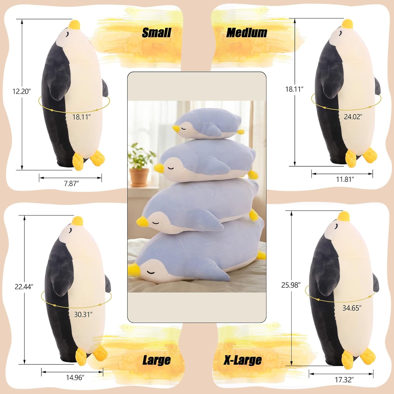 DENTRUN Penguin Stuffed Animals Bulk, Cute Penguin Plush Doll Play Toys for Kids Girls Boys Adults Birthday Xmas Halloween Present Adorable Soft Plushies, 12.20/18.11/22.44/25.98 Inchs, Blue, Black