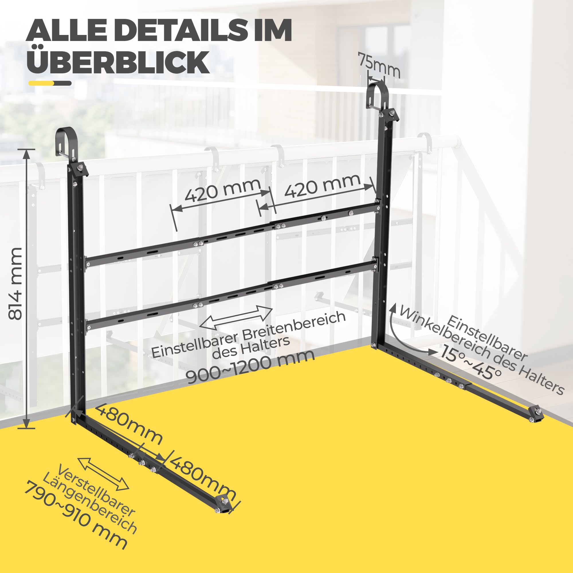 GLIESE Balkonkraftwerk Halterung für 400W-550W Solarmodule - 15°-45° verstellbar aus stabilem Aluminium, inkl. Haken für rundes Geländer - Für Balkon, Flachdach, Wand (Schwarz)