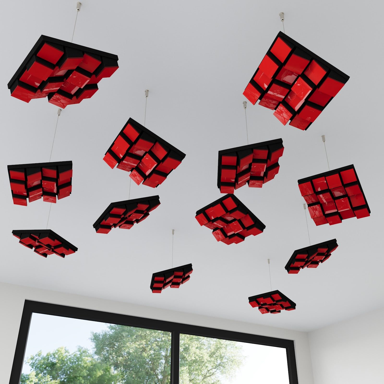 Lot de 4 mini diffuseurs acoustiques de plafond à suspendre | Panneaux 3D HDF avec kit de suspension | Design moderne | Diffuseur de son 3D |23 x 23 cm |Couleur : [Plastique rouge brillant | ZARINITY]
