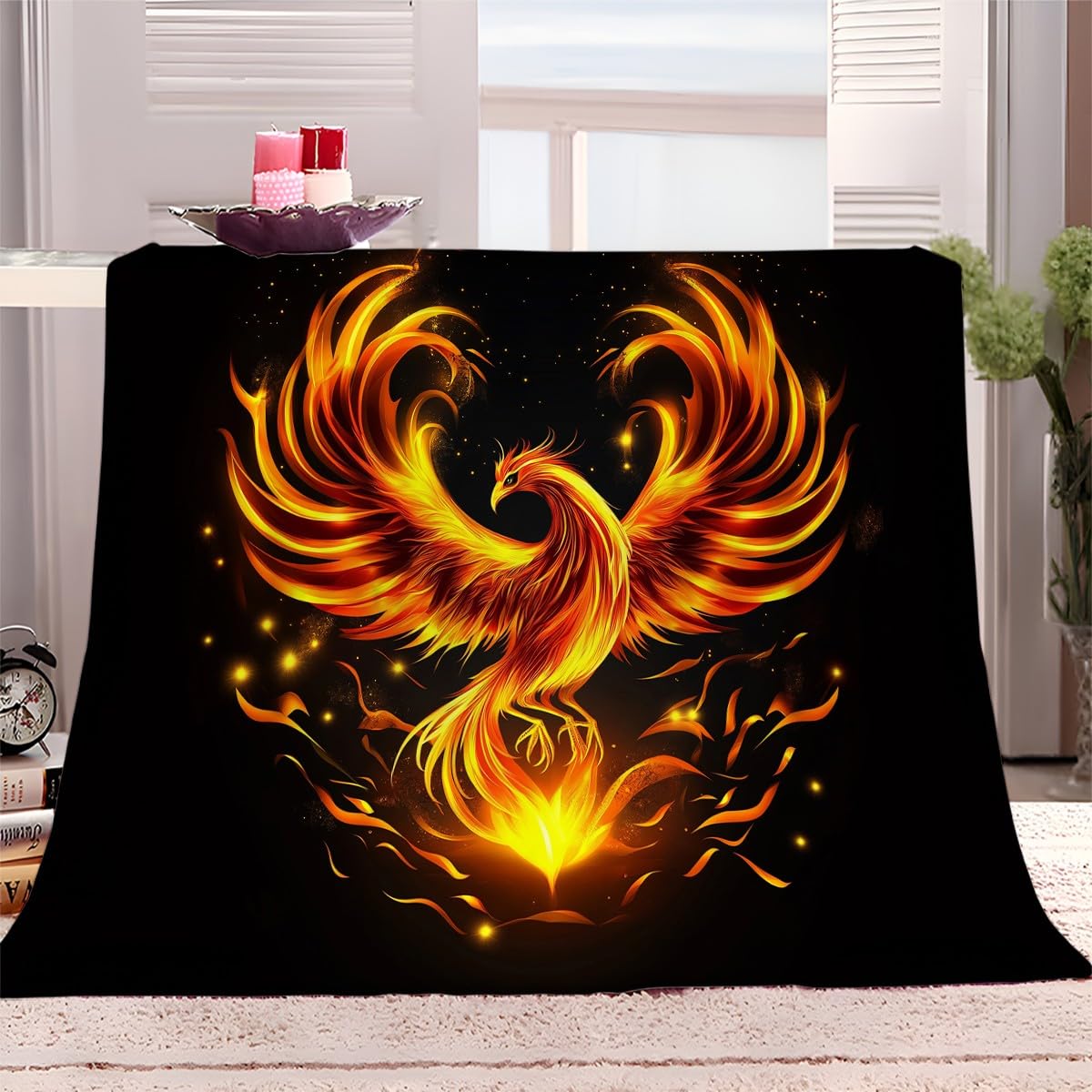Couverture Polaire Oiseau Phénix Flamme Orange - Plaid Sherpa 220x240 cm