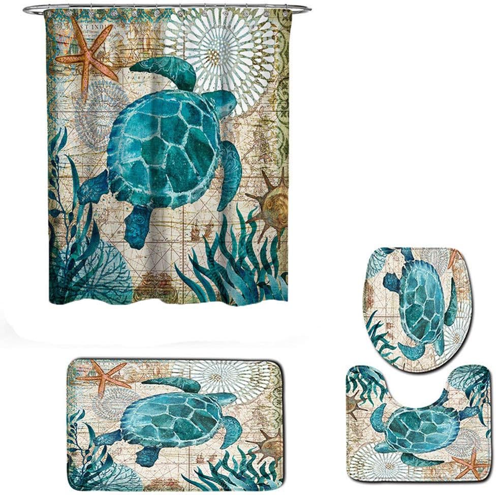 Fiaya 3Pcs /4PCS Stone Pattern Ocean Tortoise Bathroom Set Rug Contour Mat+Toilet Lid Cover +Plan Solid Color Bath Mats +Shower Curtain (4PCS, Green Tortoise AA)