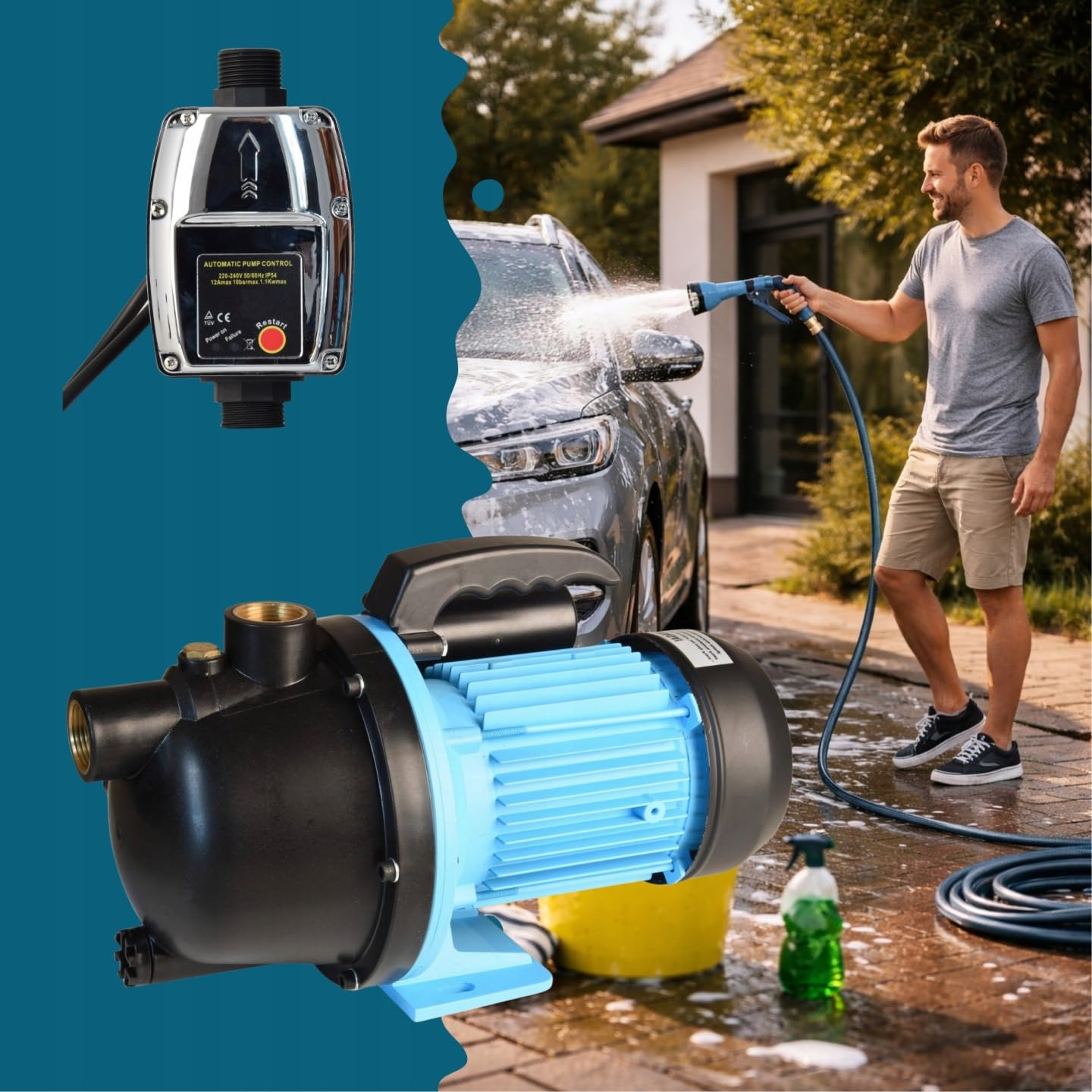 Wasserpumpe HANDY 3000 mit Elektronische Druckschalter CSK 5 - Pumpensteuerung - Gartenpumpe Tragbare - (550W 3000l/h Förderhöhe 40m) - Trockenlaufschutz - Hauswasserautomat - für Bewässerung Garten