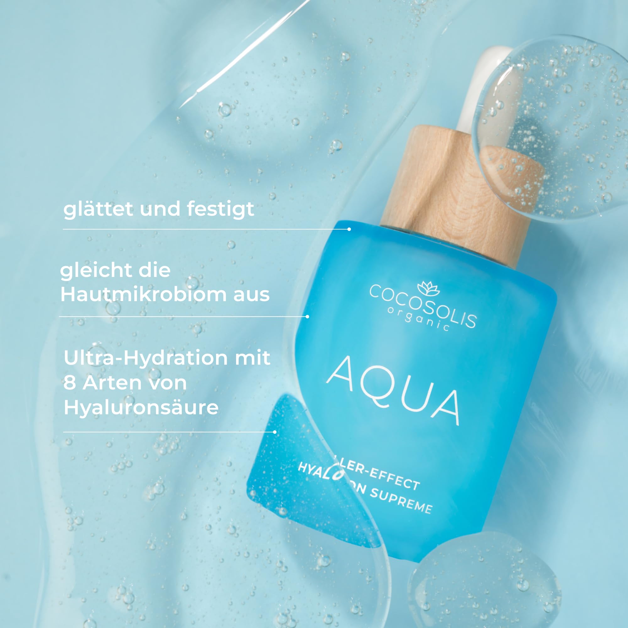 COCOSOLIS AQUA Filler-Effect Hyaluron Supreme Gesichtsserum mit 8 Arten Hyaluronsäure und Aquaxyl™, vegane Anti-Age Tagespflege mit Ultra Hydration
