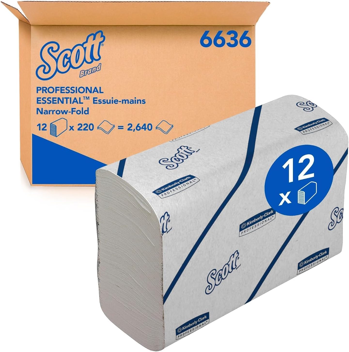 Scott Essential Hand Towels, Narrow Fold White Paper Towels for Bathroom, Soft, Strong, Eco-Friendly, Highly Absorbent, 12 Clips x 220 N-Fold Paper Sheets (2,640 Sheets Total), model nr. 6636