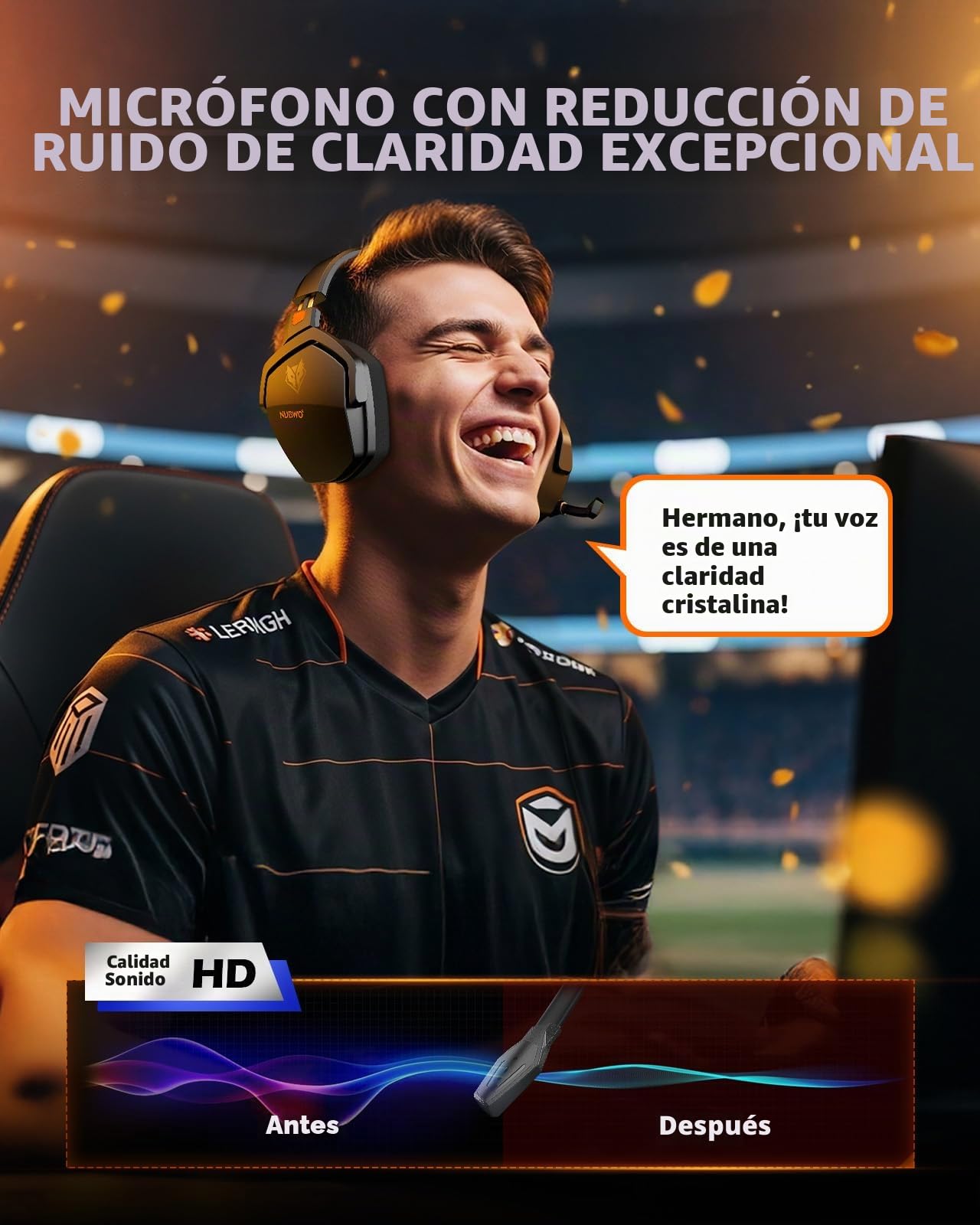 NUBWO G06 Cascos Gaming Inalámbricos con Drivers de 50 mm para PC/Ps5/Ps4/NS/Mobile,Auriculares Gaming Inalámbricos con 2.4 GHz+Bluetooth 5.3 Modo Dual,7.1 Sonido Envolvente,Duración 100Hr+ - Naranja