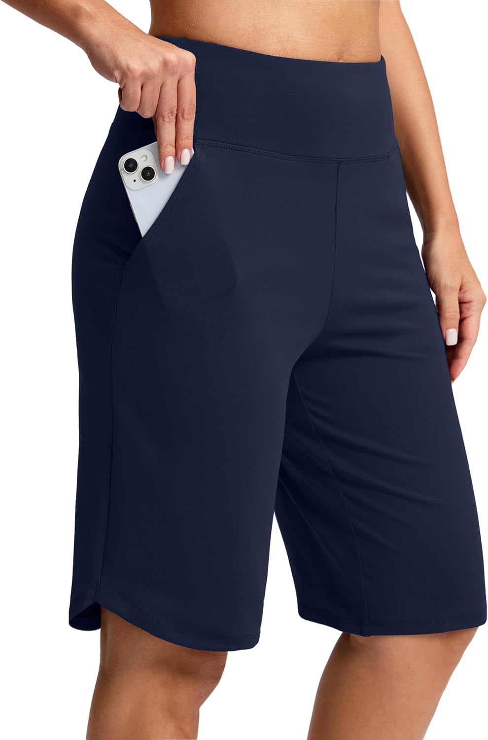 SANTINY 12" Long Bermuda Shorts for Women Knee Length with Pockets High Waisted Stretch Shorts for Summer Walking