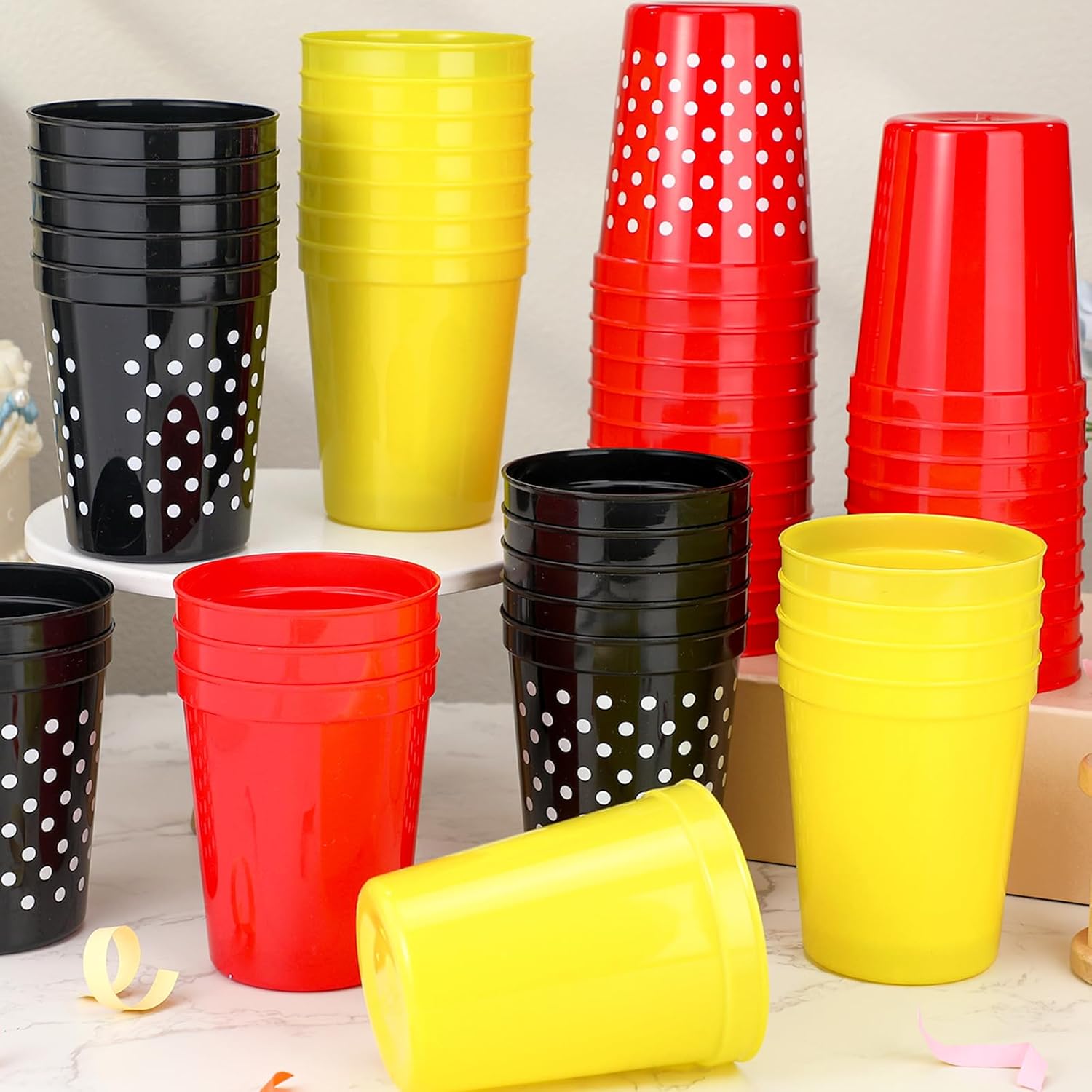 Yungyan 48 Pcs Cartoon Mouse Party Supplies 16 oz Plastic Cups Bulk Red Yellow White Black Polka Dots Pattern Printed Cups for Cartoon Mouse Theme Party Decorations