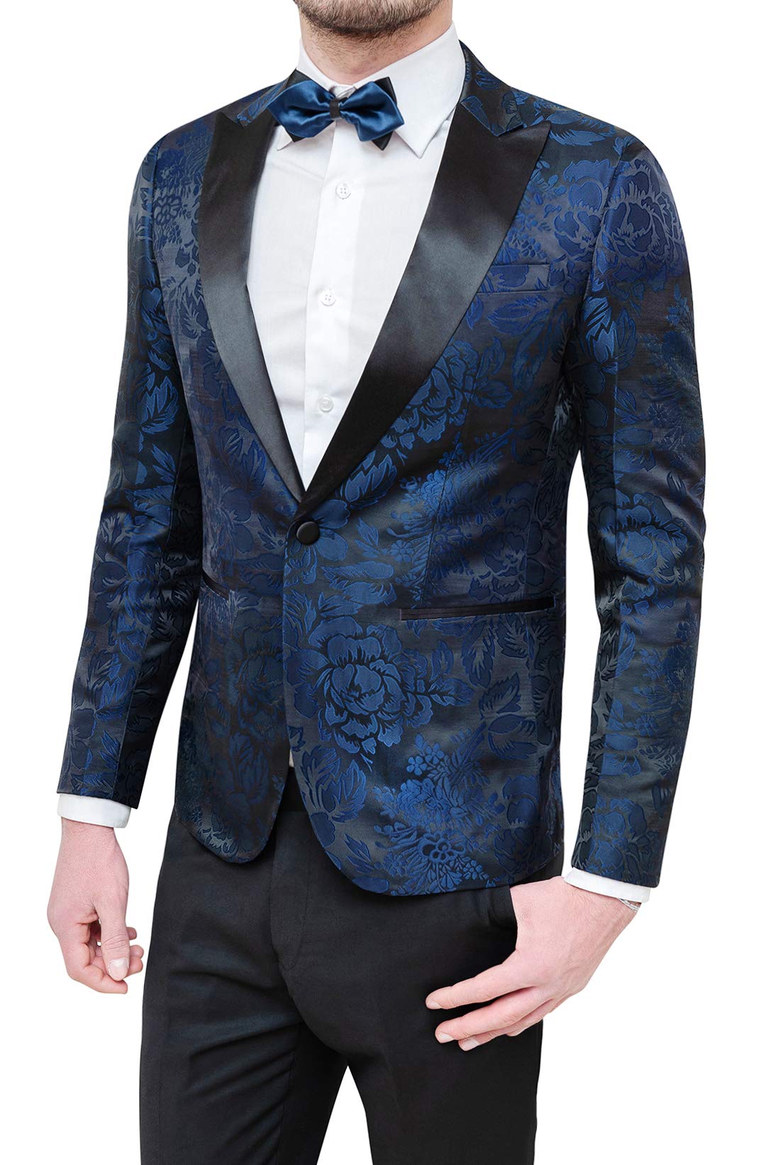 Abito Completo Uomo Blu Raso Damascato Floreale Smoking Elegante Cerimonia