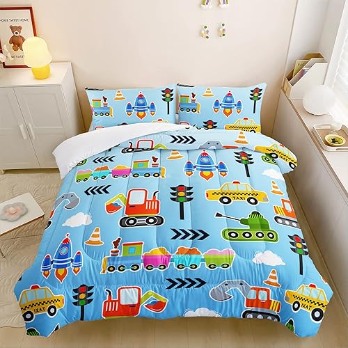 Miniatura 4 de HOSIMA Juego de edredón de dibujos animados para niños y niñas, juego de ropa de cama con patrón de tractor y excavadora de taxi, edredón de tamaño