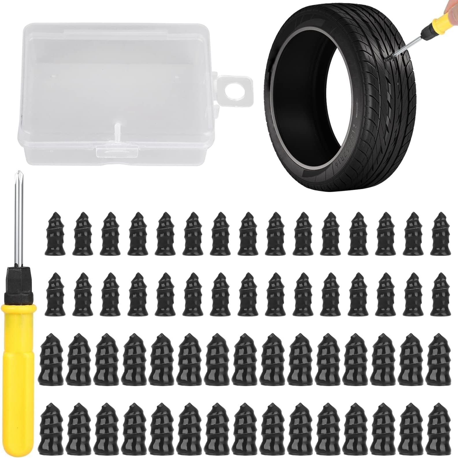 Linkstyle 60PCS Tire Plug Kit, Tire Repair Rubber Nails, Vacuum Tyre Repair Screws Fast Repair Kit with a Box, Screwdriver, for Car Motorcycle Truck ATV Tire Puncture Repair