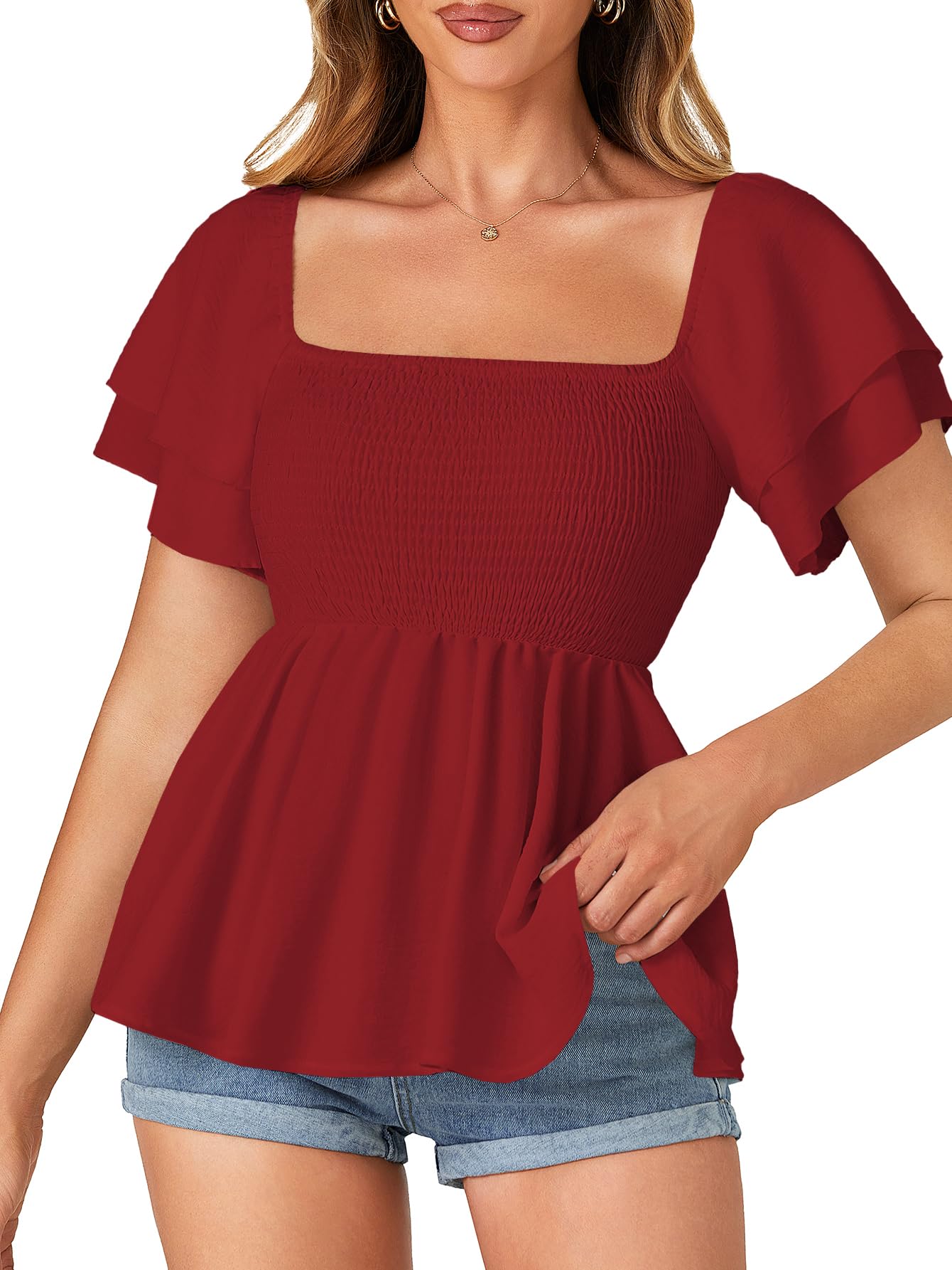 LYANER Women's Square Neck Smocked Peplum Top Ruffle Short Sleeve Babydoll Shirred Blouse