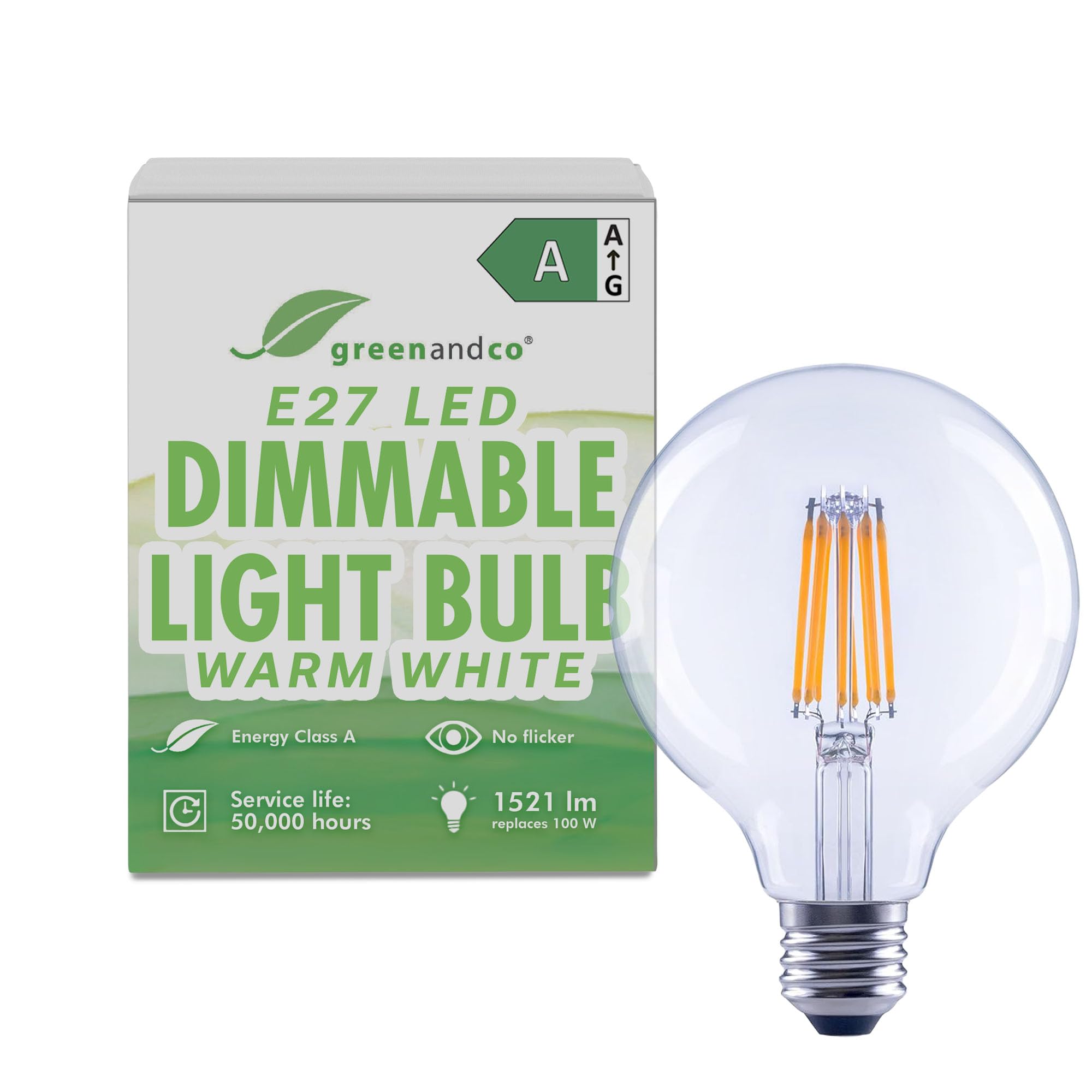 greenandco LED Filament Light Bulb | Clear | Dimmable | E27 G95 | 7.2W 1521lm | Replaces 100W | 3000K Warm White | 320° | 230V | Flicker Free | Energy Class A