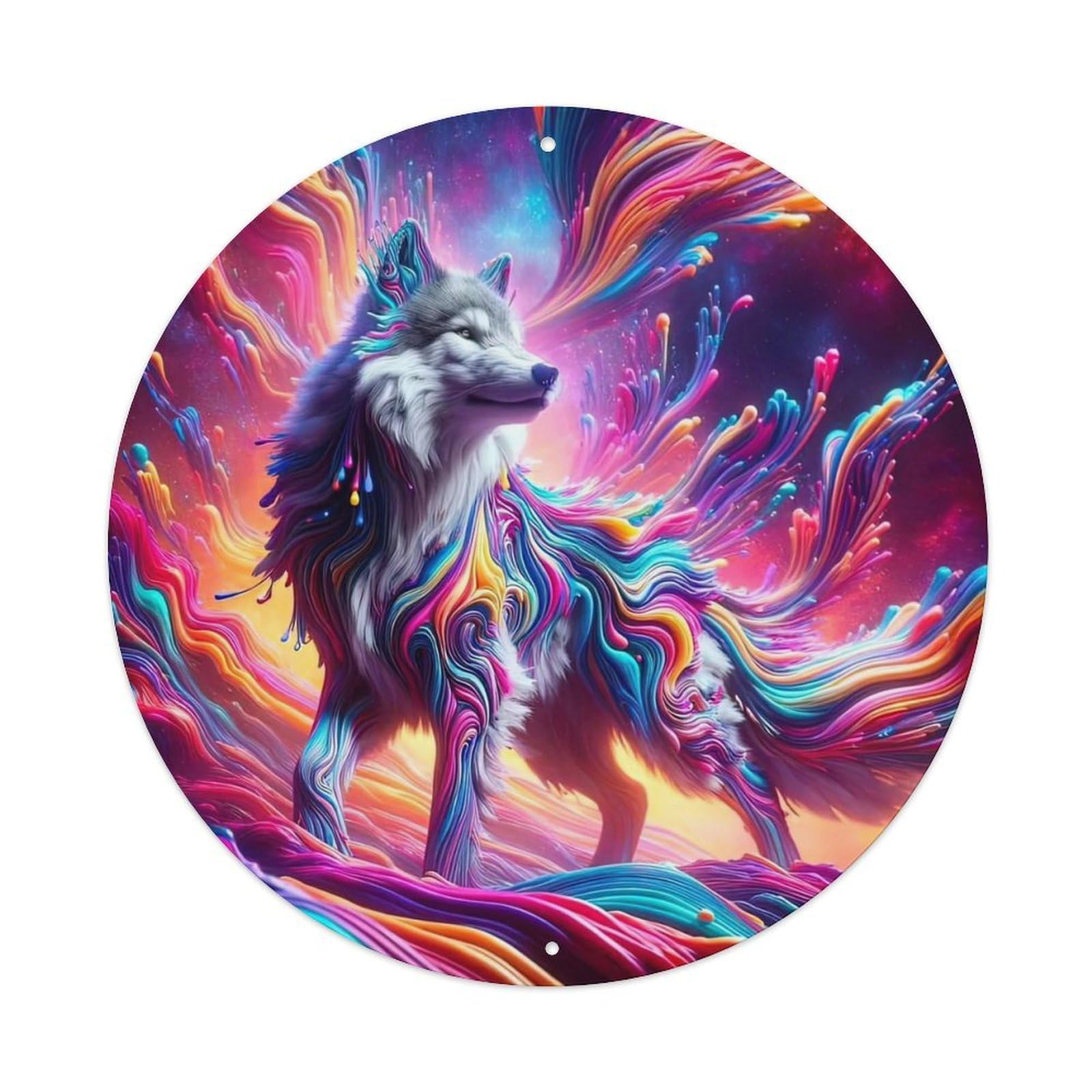 Animal Colourful Art Poster Wolf Vintage Metal Tin Sign Plaque Wall Decor for Cafe, Club, Garden Round Metal Poster 8x8Inch
