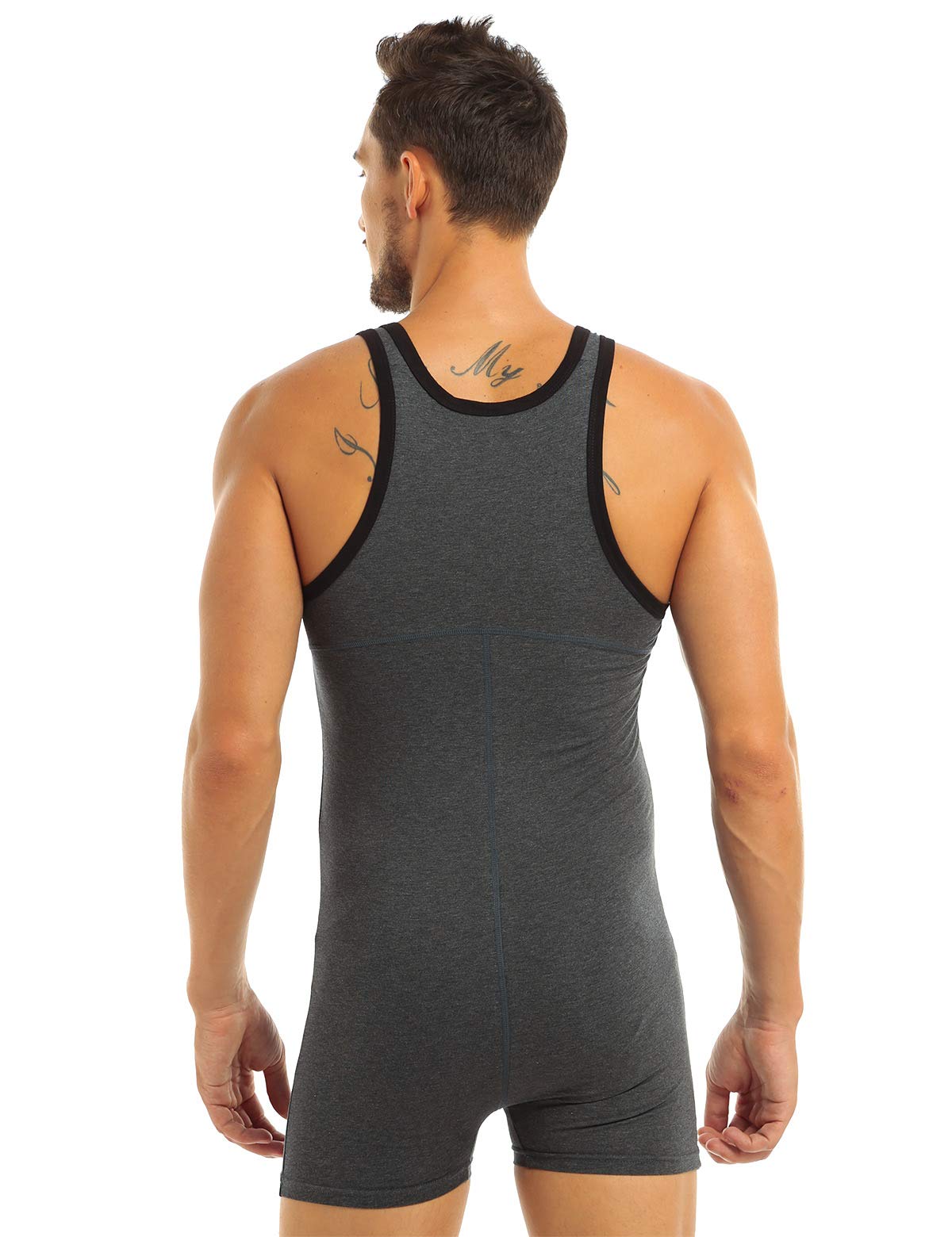 tuta da uomo in cotone con gamba, senza maniche, canotta sportiva, biancheria intima con bottoni, body da uomo grigio. L