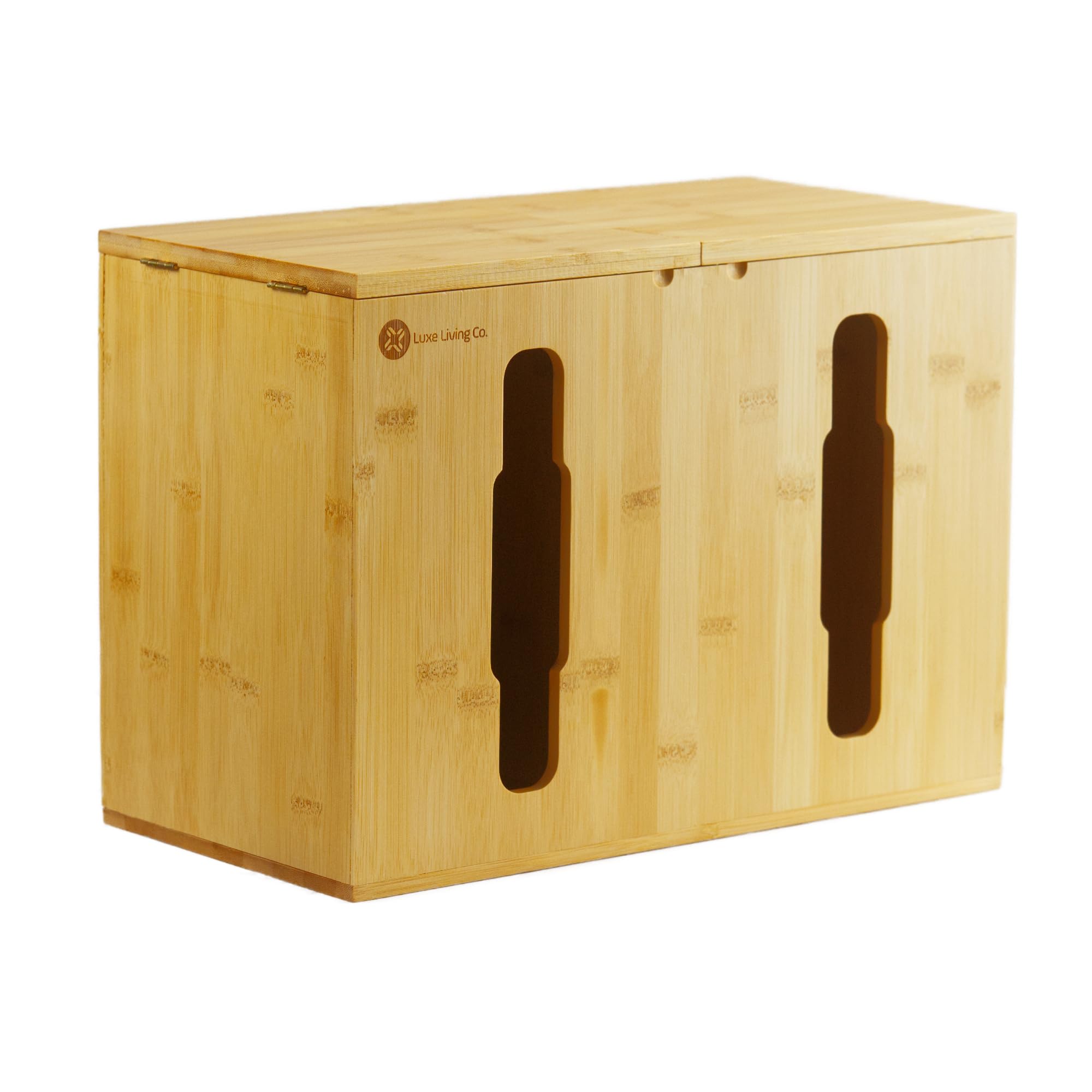 2-in-1 Bamboo Plastic Bag Holder and Trash Dispenser – Large Capacity Storage for Kitchen Cabinet, Under Sink Storage, Pantry Organizers, Laundry Room