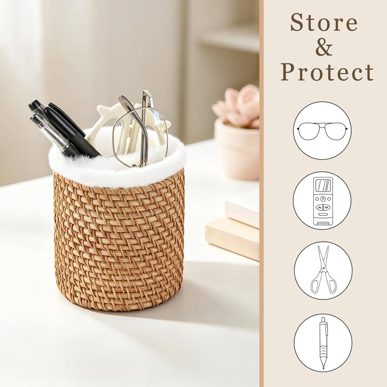 Mkono 2 in 1 Glass Holder for Nightstand Rattan Plush Lined Eyeglass Stand