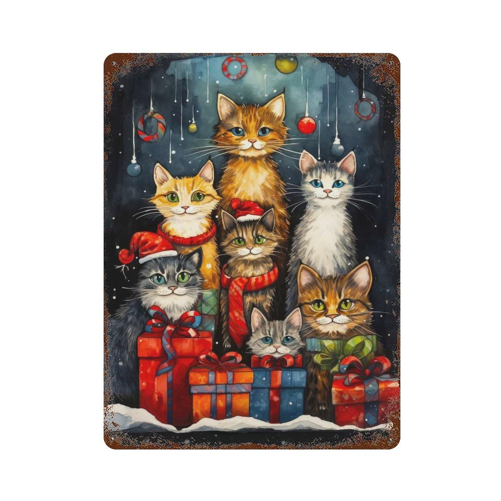 Garage Style Christmas Santa Cat Rustic Tin Plaque 15.7"x11.8", Industrial Home Decor for Bar And Workshop