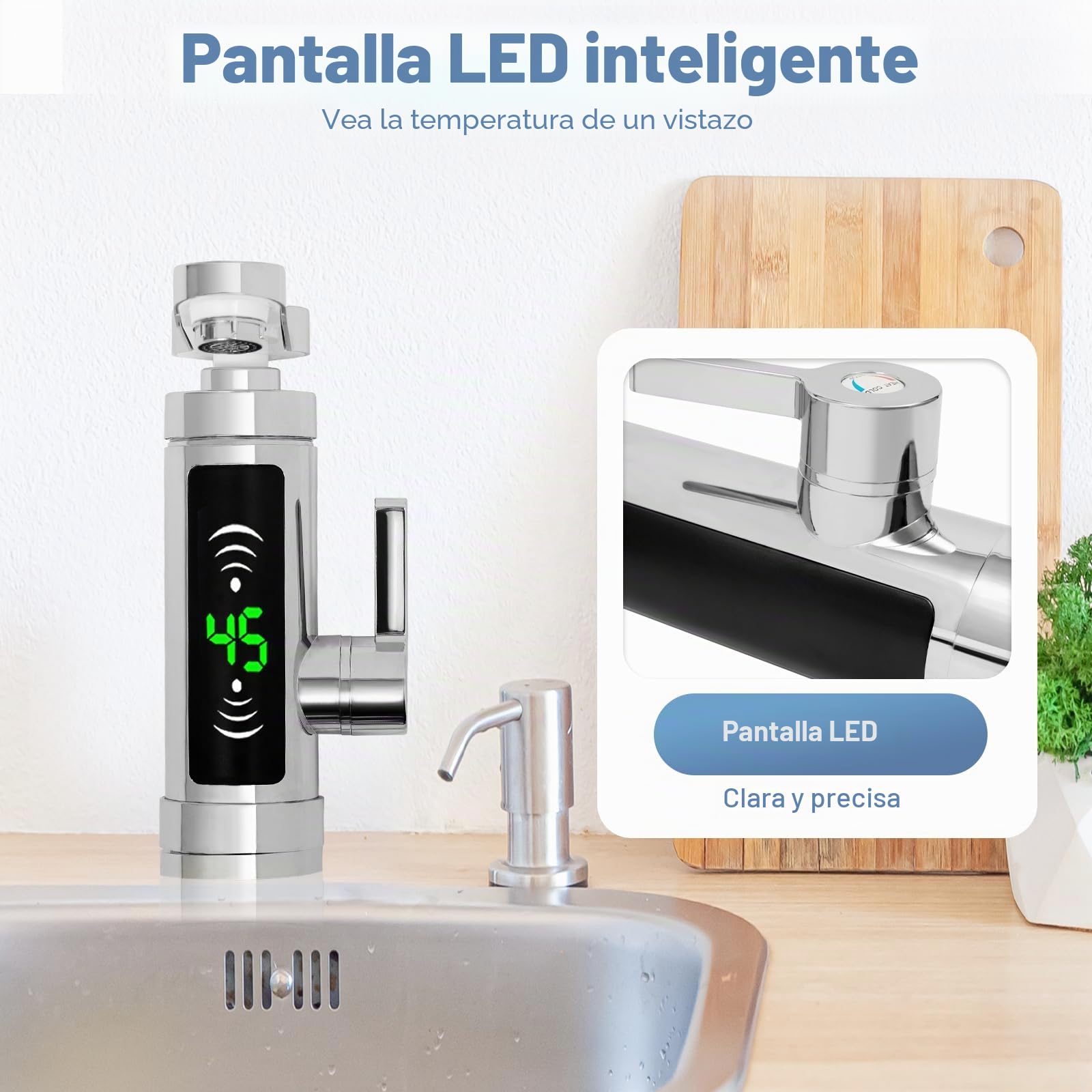 Grifo con calentador de agua instantáneo, 3000 W IPX4 Calentador eléctrico Grifo con indicador de temperatura LED legible, 360° giratorio Grifo calentador instantáneo para cocina, baño (plateado)
