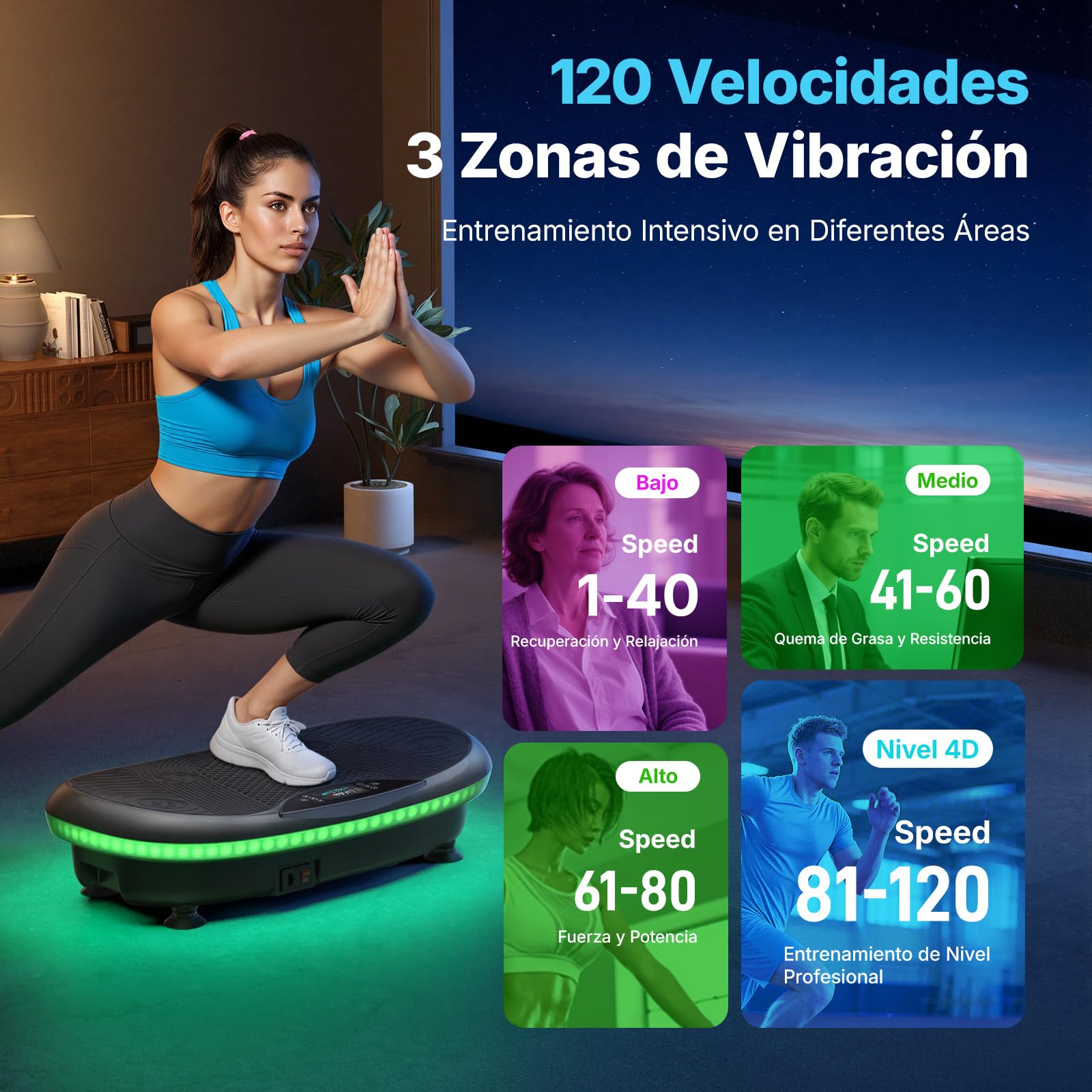 MERACH 4D Plataforma Vibratoria con 7 Modos De Vibración, 120 Niveles De Velocidad, 5 Programas Inteligentes, Altavoz Bluetooth Incorporado Y Luz Ambiental
