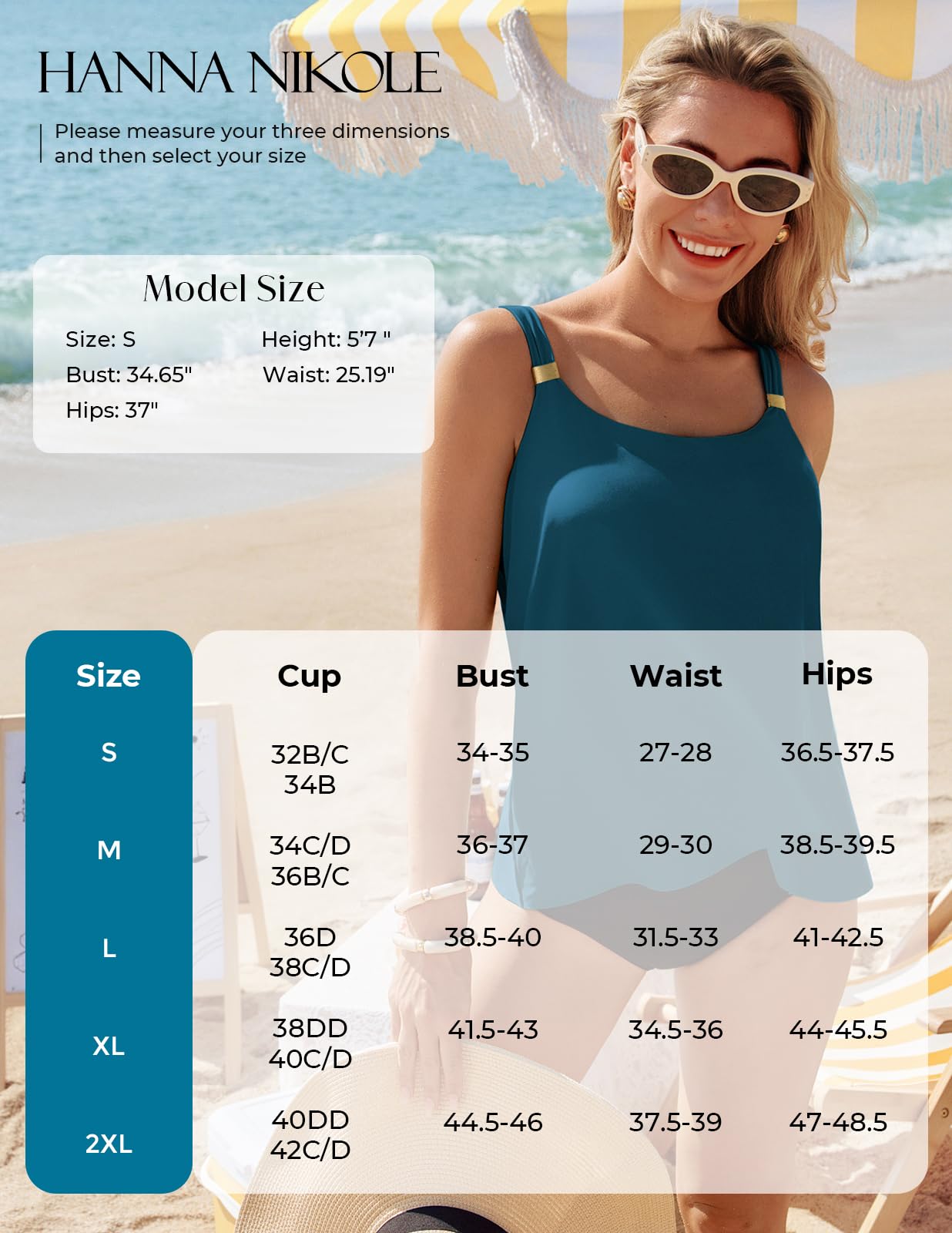 Hanna Nikole Haut tankini pour femme, haut de maillot de bain à bretelles réglables, haut de maillot de bain à ourlet fluide, haut de maillot de bain à col en U avec rembourrage (sans bas)