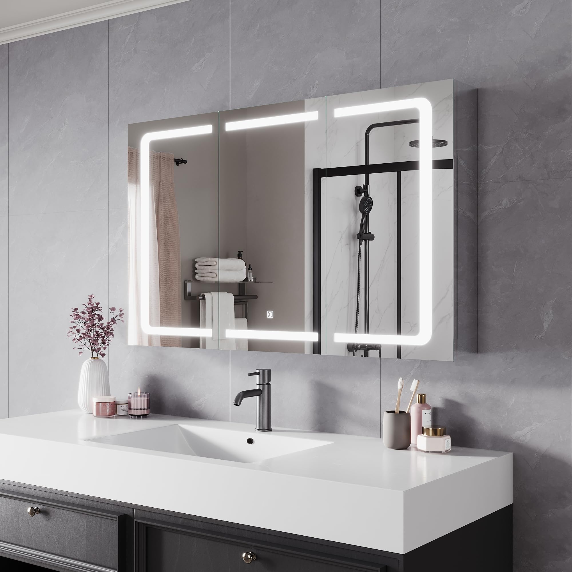 Sirhona - Armario de baño con iluminación LED y toma de espejo con estantería, 105 x 11 x 64 cm, atenuación continua de 3 colores, metal, armario de baño